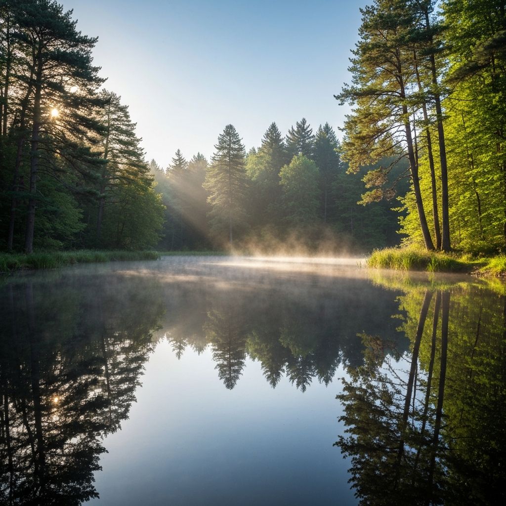 Still water reflecting trees, representing mindfulness and presence