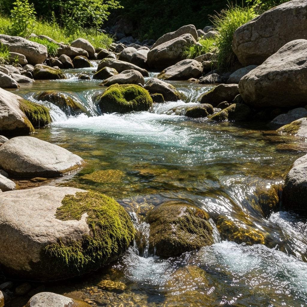 Fresh water flowing over stones in a stream, representing hydration and natural vitality