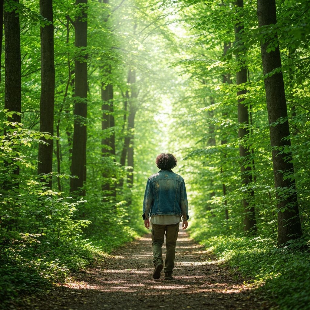 A person walking along a peaceful forest path