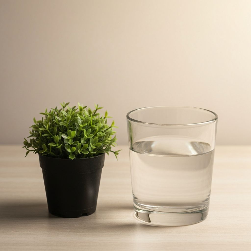 A glass of water beside a plant, representing hydration and natural simplicity
